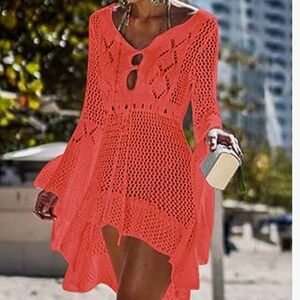 Crochet Bell Sleeves Drawstring Waist High-Low Hem Cover-Up Orange
